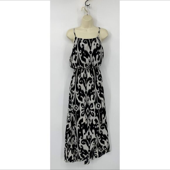 Athleta Ikat Bloom maxi dress black white Faux wrap skirt tulip halter Medium - Picture 1 of 5